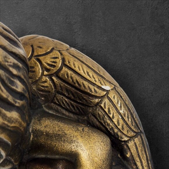 Vintage Gold Cherub Figurine w/ Green Rhinestone Eyes 8" x 6" Cottagecore Decor - Picture 6 of 10